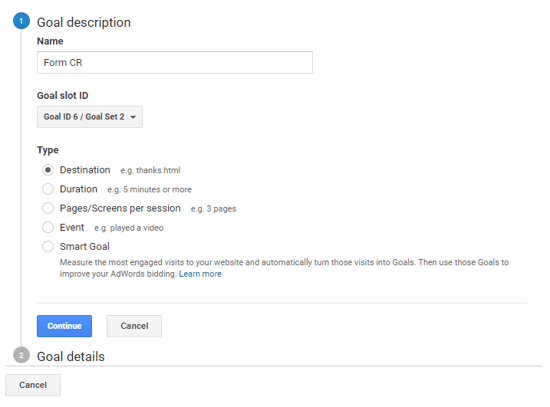 track form conversions in google analytics through a destination type goal